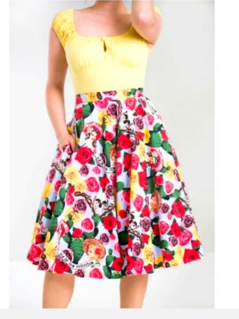 HELL BUNNY Skirt MEDIUM Dias De Los Muertos Roses A-Line Rockabilly Full Sweep‎